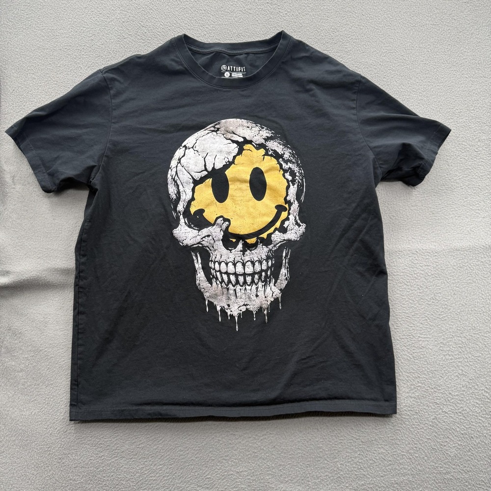 ATTIFIT Shirt Mens XL Black Skull Smiley Face Graphic Tee Tagless Soft Cotton